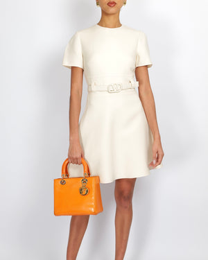 Valentino Cream Wool Short-Sleeved Mini Dress with Vlogo Belt Size IT 40 (UK 8)