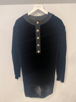 Chanel Black Velours Mini Dress with Black Tweed and Sequins Neckline Detail with Gold CC Logo Buttons Size FR 34 (UK 6)