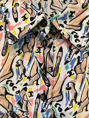 Chanel Spring 1995 White Button Down Shirt with Multicolour Shoe and Logo Print with Black and Gold CC Buttons Detail Size FR 36 (UK 8)