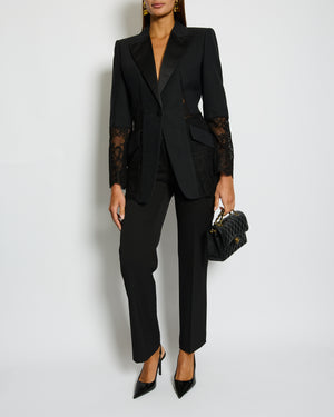 Alexander McQueen Black Silk Blazer Jacket with Lace Details Size IT 44 (UK 12)