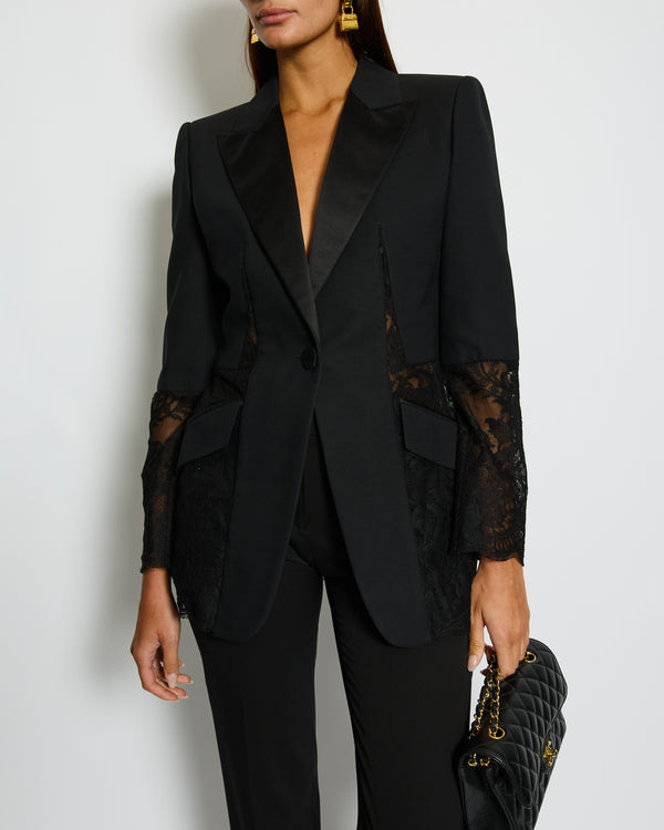 Alexander McQueen Black Silk Blazer Jacket with Lace Details Size IT 44 (UK 12)