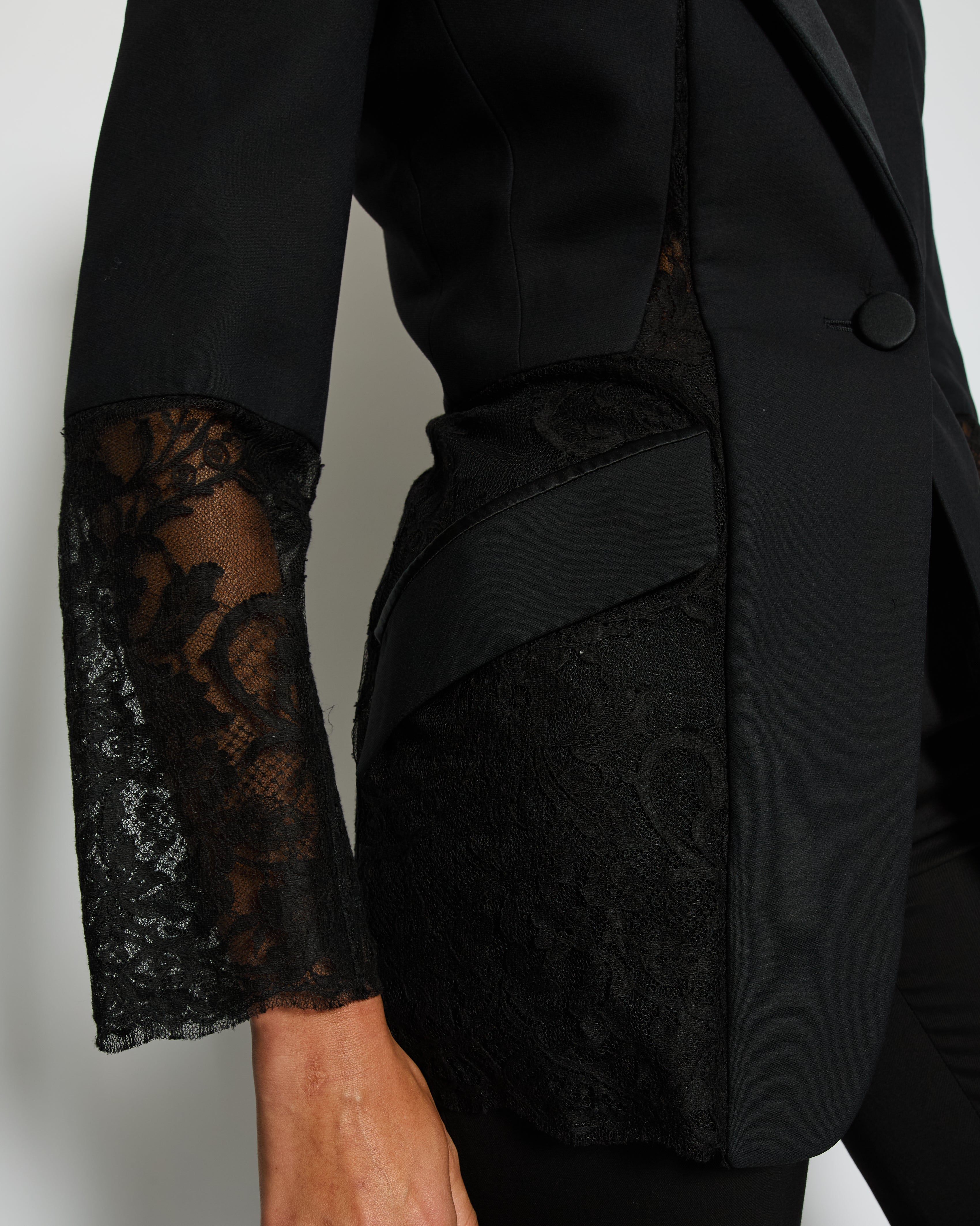Alexander McQueen Black Silk Blazer Jacket with Lace Details