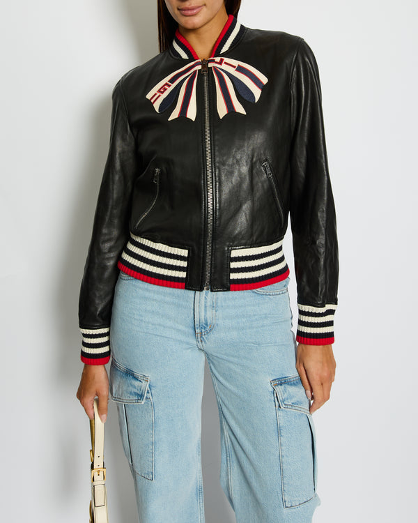 Gucci Black, Red and Cream Lambskin Leather Jacket with Logo Detail Size IT 44 (UK 12)