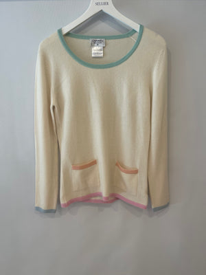 Chanel Cruise 1998 Cream and Pastel Multicolour Cashmere Jumper with Back CC Logo Detail Size FR 42 (UK 14)