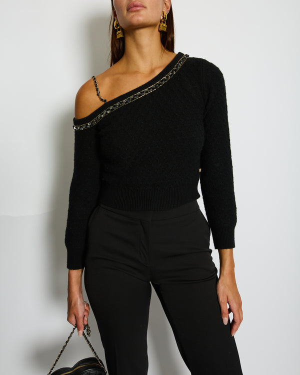 Chanel Black Off Shoulder Knit Top with Gold Chain Strap and Crystal Embroidery Detail Size FR 36 (UK 8)