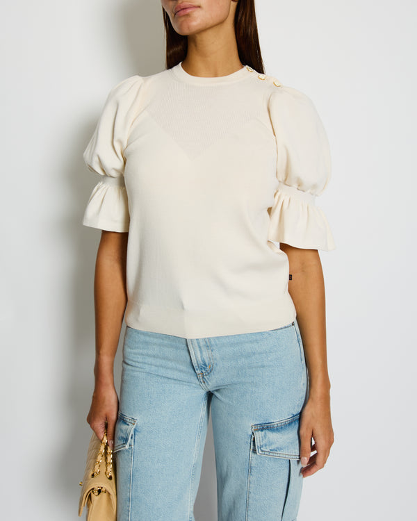 Louis Vuitton Cream Puff Sleeve Fine Knit Top with Logo Button Detail Size S (UK 8)