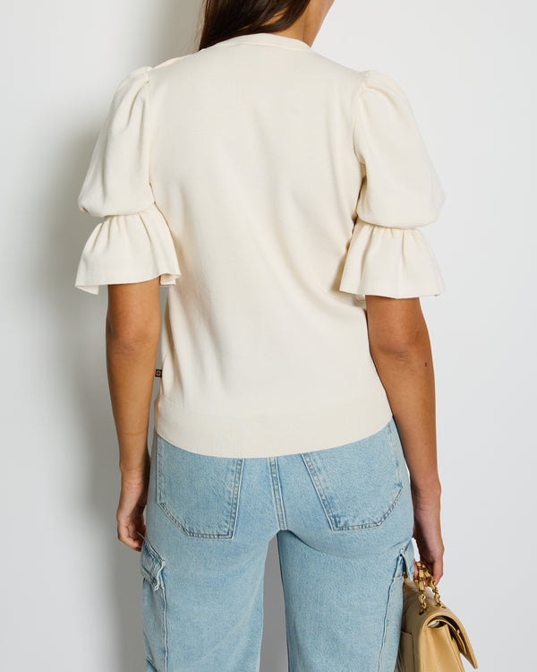 Louis Vuitton Cream Puff Sleeve Fine Knit Top with Logo Button Detail Size S (UK 8)