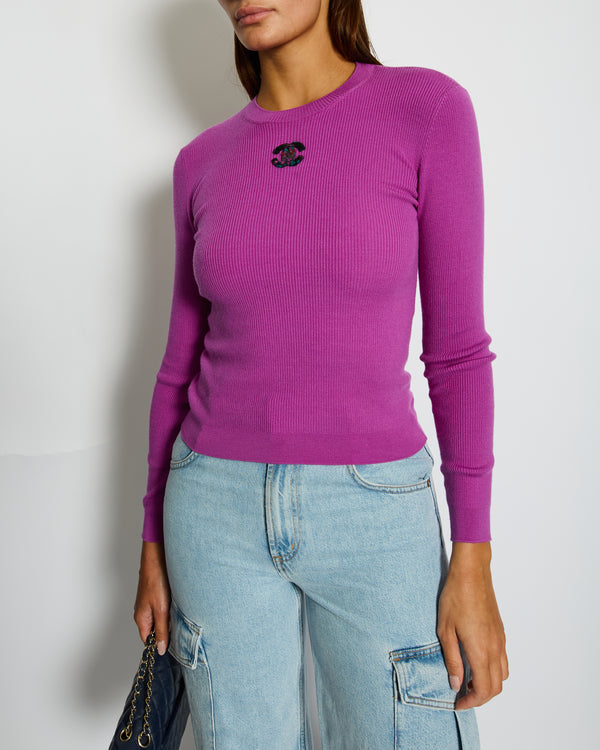 Chanel Purple Wool Crew Neck Jumper With Tweed Logo Detail Size FR 34 (UK 6)