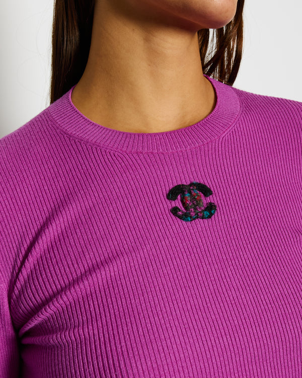 Chanel Purple Wool Crew Neck Jumper With Tweed Logo Detail Size FR 34 (UK 6)