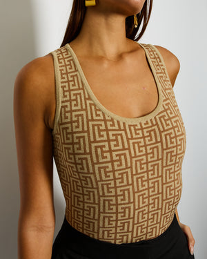 Balmain Gold Metallic Logo Print Bodysuit Size FR 36 (UK 8)