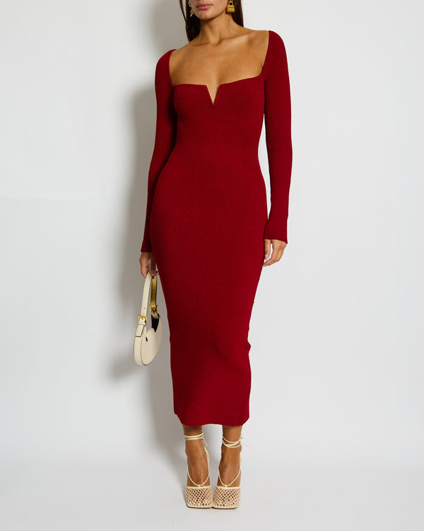 Galvan Red Ribbed Knitted Freya Midi Dress Size S (UK 8)