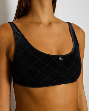 Chanel Black Velvet Quilted Two Piece Swimsuit with Crystal CC Logo Details Size FR 36/38 (UK 8/10)