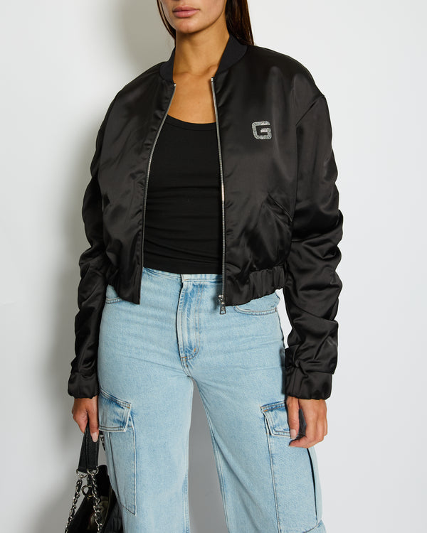 Gaëlle Paris Black Bomber Jacket with Raunched Sleeves and Crystal G Detail Size IT 42 (UK 10)