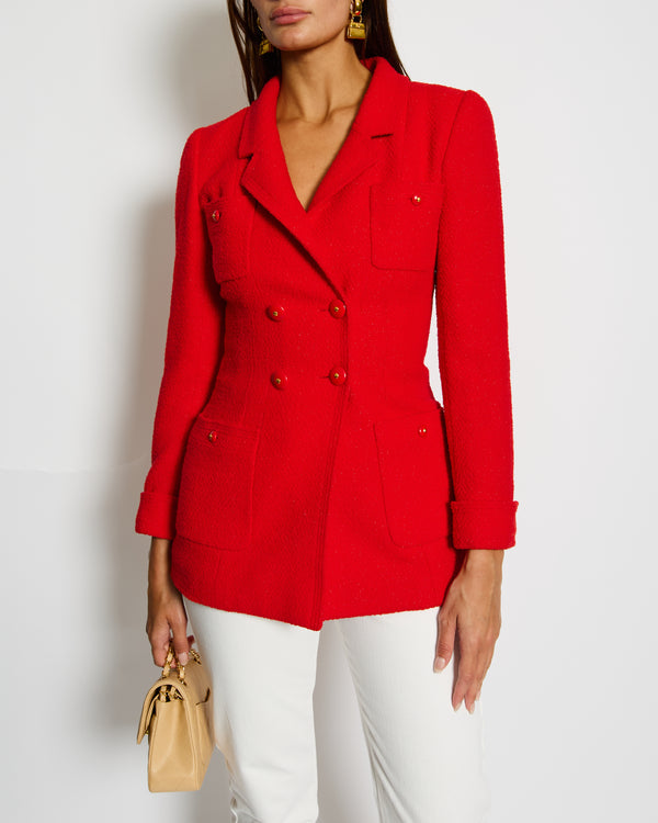 Chanel Red Tweed Jacket with Red and Gold Buttons Size FR 38 (UK 10)