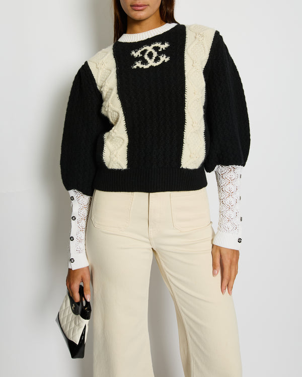 Chanel 21A Black & White Crewneck Knit Jumper with CC Logo and Crochet Sleeve Details Size FR 36 (UK 8)