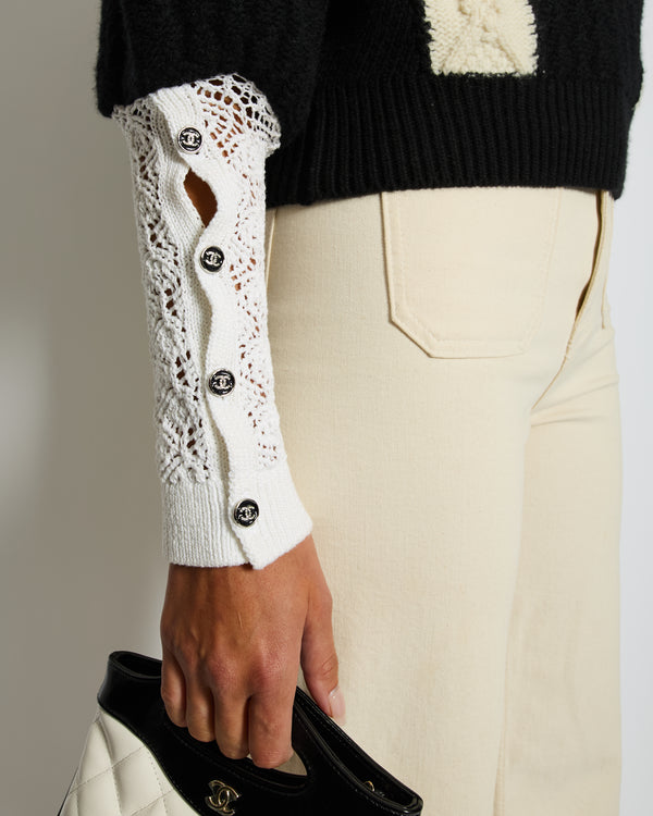Chanel 21A Black & White Crewneck Knit Jumper with CC Logo and Crochet Sleeve Details Size FR 36 (UK 8)