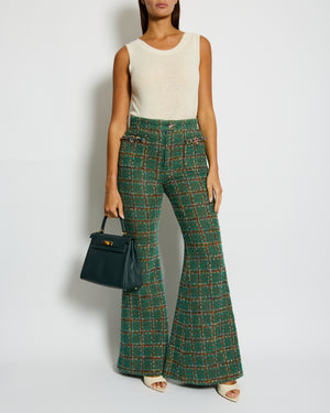 Chanel Green and Multi Coloured Tweed Flared Trousers with Silver & Pink CC Logo Button Details Size FR 38 (UK 10)