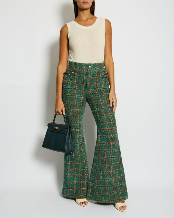 Chanel Green and Multi Coloured Tweed Flared Trousers with Silver & Pink CC Logo Button Details Size FR 38 (UK 10)