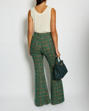 Chanel Green and Multi Coloured Tweed Flared Trousers with Silver & Pink CC Logo Button Details Size FR 38 (UK 10)
