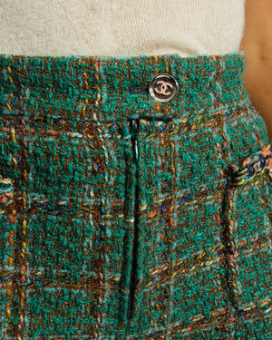 Chanel Green and Multi Coloured Tweed Flared Trousers with Silver & Pink CC Logo Button Details Size FR 38 (UK 10)