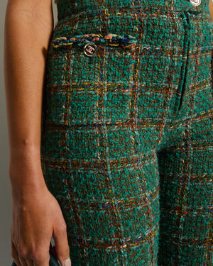 Chanel Green and Multi Coloured Tweed Flared Trousers with Silver & Pink CC Logo Button Details Size FR 38 (UK 10)