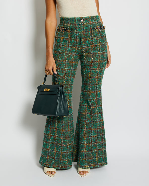 Chanel Green and Multi Coloured Tweed Flared Trousers with Silver & Pink CC Logo Button Details Size FR 38 (UK 10)