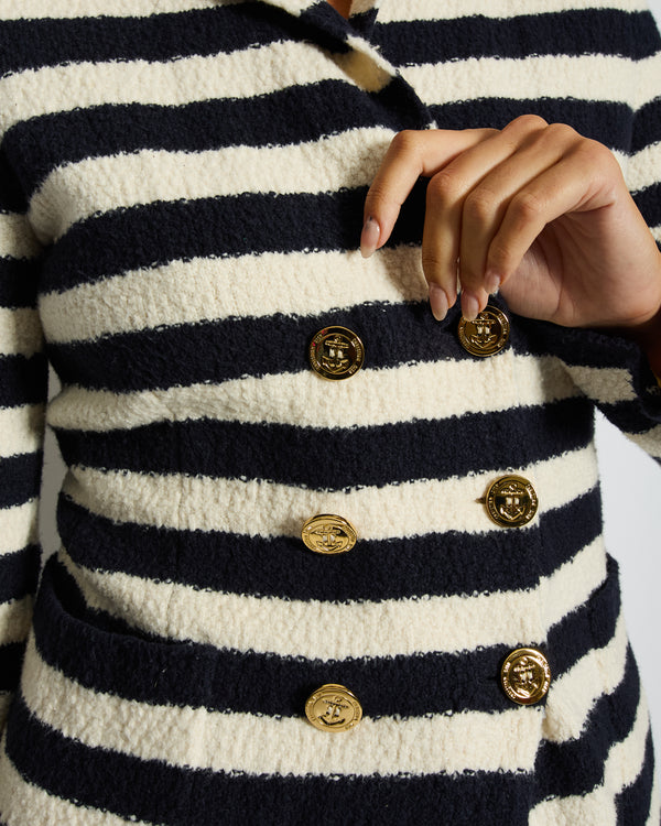 Christian Dior Navy and White Striped Knit Jacket with Gold Anchor Button Details Size FR 38 (UK 10)