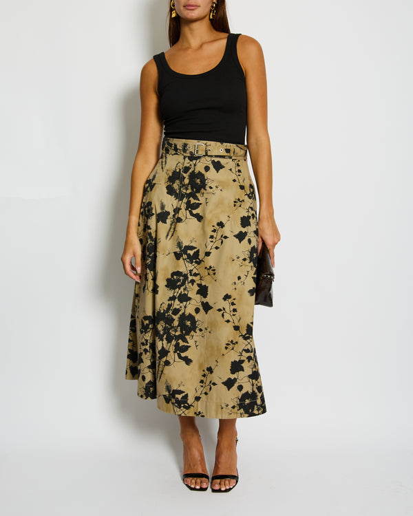Christian Dior Beige Midi Skirt with Black Floral Print and Belt Detail Size FR 40 (UK 12)