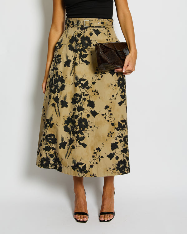 Christian Dior Beige Midi Skirt with Black Floral Print and Belt Detail Size FR 40 (UK 12)