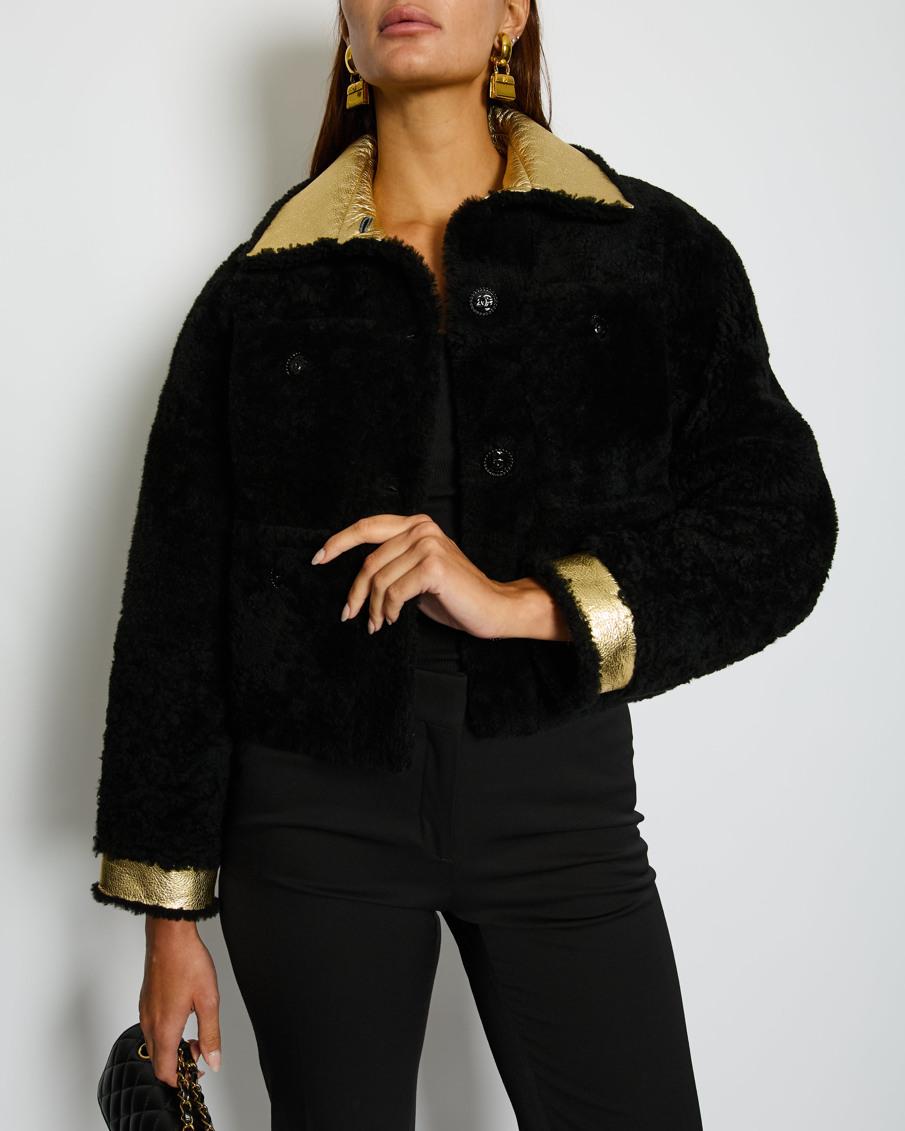 Chanel 22/B Black Cropped Shearling Jacket with Patent Gold