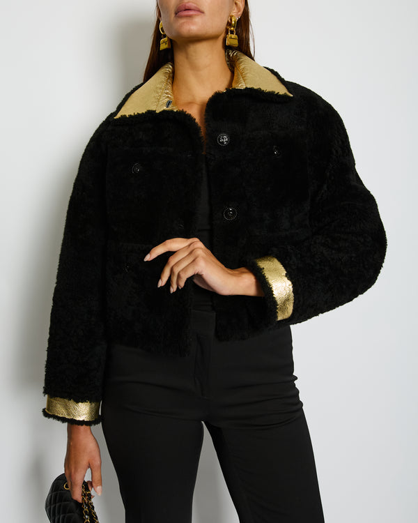 Chanel 22/B Black Cropped Shearling Jacket with Patent Gold Detail Size FR 36 (UK 8) RRP: £8,180