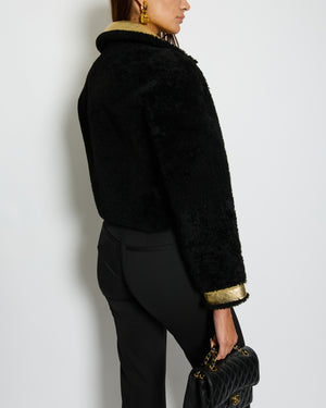 Chanel 22/B Black Cropped Shearling Jacket with Patent Gold Detail Size FR 36 (UK 8) RRP: £8,180