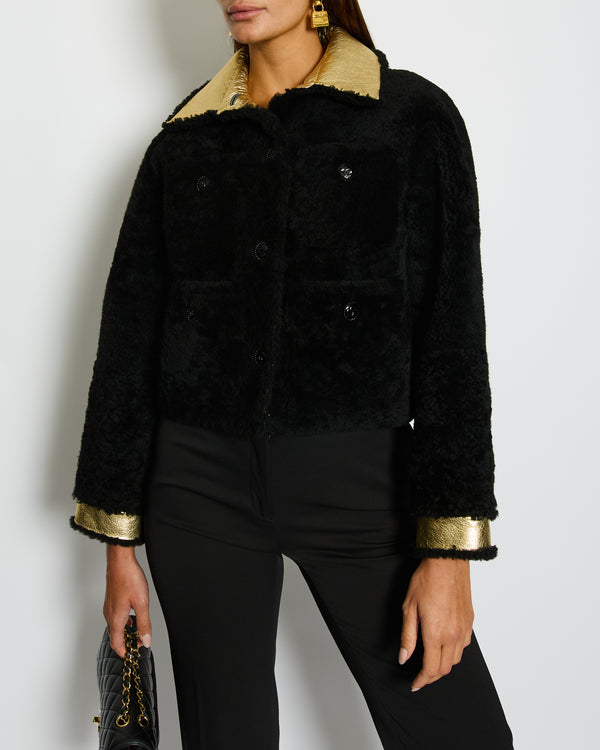 Chanel 22/B Black Cropped Shearling Jacket with Patent Gold Detail Size FR 36 (UK 8) RRP: £8,180