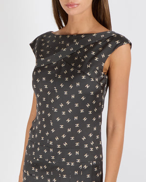 Chanel Black Silk Sleeveless Mini Dress with Beige CC Logo Prints Size FR 36 (UK 8)