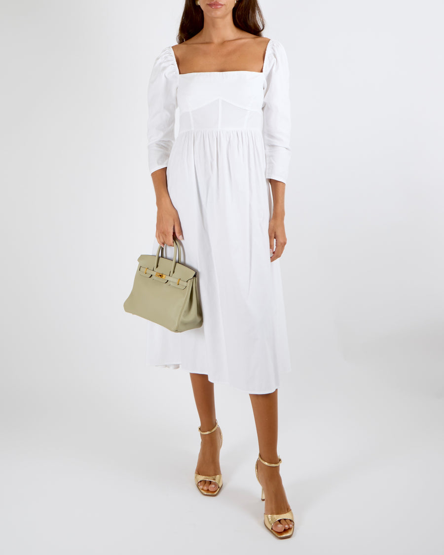 Reformation White Elly Midi Dress with Bustier-Style  Bodice Size UK 10