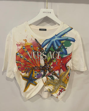 Versace Tresor de la Mer Printed T-Shirt with Gold Medusa Safety Pin Size IT 38 (UK 6)