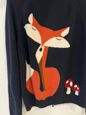 Loro Piana Navy Baby Cashmere Ribbed Long-Sleeved Hooded Gilet with Mushrooms and Fox Print Size IT 40 (UK 8)