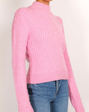 David Koma Pink Ribbed Knit Jumper with Transparent Bead Details Size L (UK 12) RRP £552