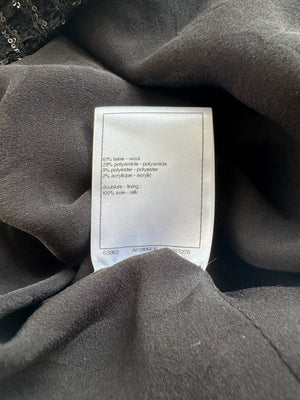 Chanel 25C Black Sequin Single-Breasted Collarless Tweed Jacket with CC Button Detail Size FR 42 (UK 14)