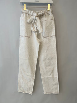 Chanel White Quilted Straight Leg Jeans with Brown Accents and Waist Ties and 31 Rue Cambon CC Logo Detail Size FR 34 (UK 6)
