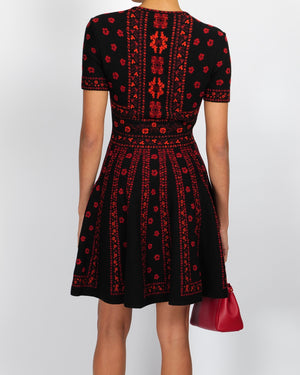 Alexander McQueen Black and Red Short-Sleeved Mini Dress with Flower Prints Size IT 42 (UK 10)