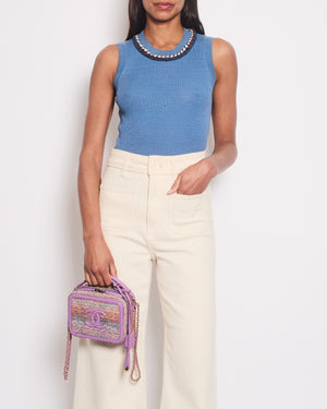 Chanel Blue Ribbed Knit Sleeveless Top With Red, White & Blue Tweed Embroidered Trim and CC Button Detail FR 36 (UK 8)