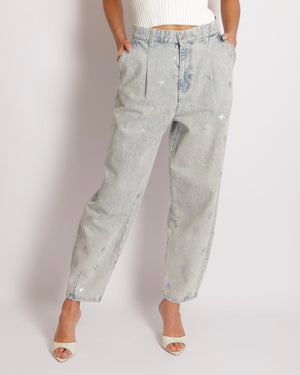 Chanel Light Blue Straight Leg High-Waisted Jeans with Turquoise, Lilac, and Silver Metallic CC Logos and Silver Button Detail Size FR 40 (UK 12)