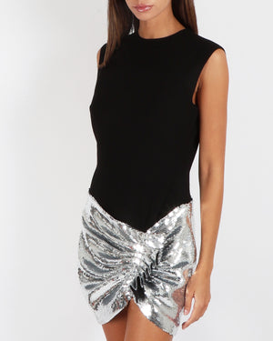 Monot Black Mia Mini Dress with Silver Sequin Embellished Drape Panel Size IT 44 (UK 12) RRP £1,050