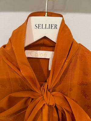 Chloe Orange Silk Printed Shirt with Neck-Tie Detail Size FR 34 (UK 6)