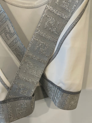 Fendi White Top and Leggings Sports Set with Silver Metallic Logo Details Size UK 8/UK 10