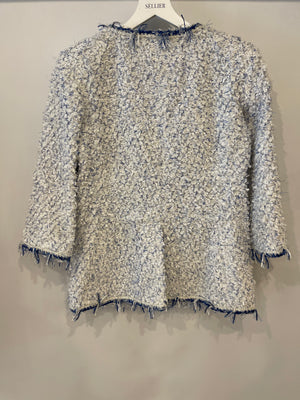 Chanel SS18 White and Blue Fantasy Tweed Jacket with Silver CC Logo Button Detail Size FR 38 (UK 10) RRP £5,100