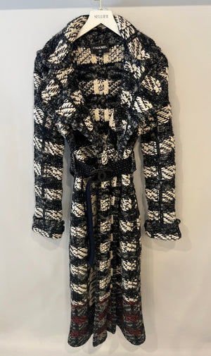 Chanel Grey and White Wool Long Knitted Coat with CC Belt and "Gabrielle Coco" Embroidery with Logo Buttons Size FR 34 (UK 6)
