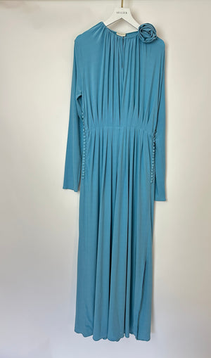 Magda Butrym Light Blue Floral Appliqué Ruched Maxi Dress with Cutouts Size S (UK 8)