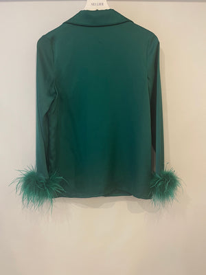 Nadine Merabi Green Satin Top and Trousers Set with Feather Trim Detail and Crystal Buttons Size UK 6/8